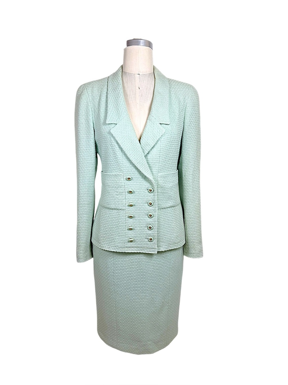 Vintage Chanel Boutique Mint Green Bouclé Skirt Suit FR 34
